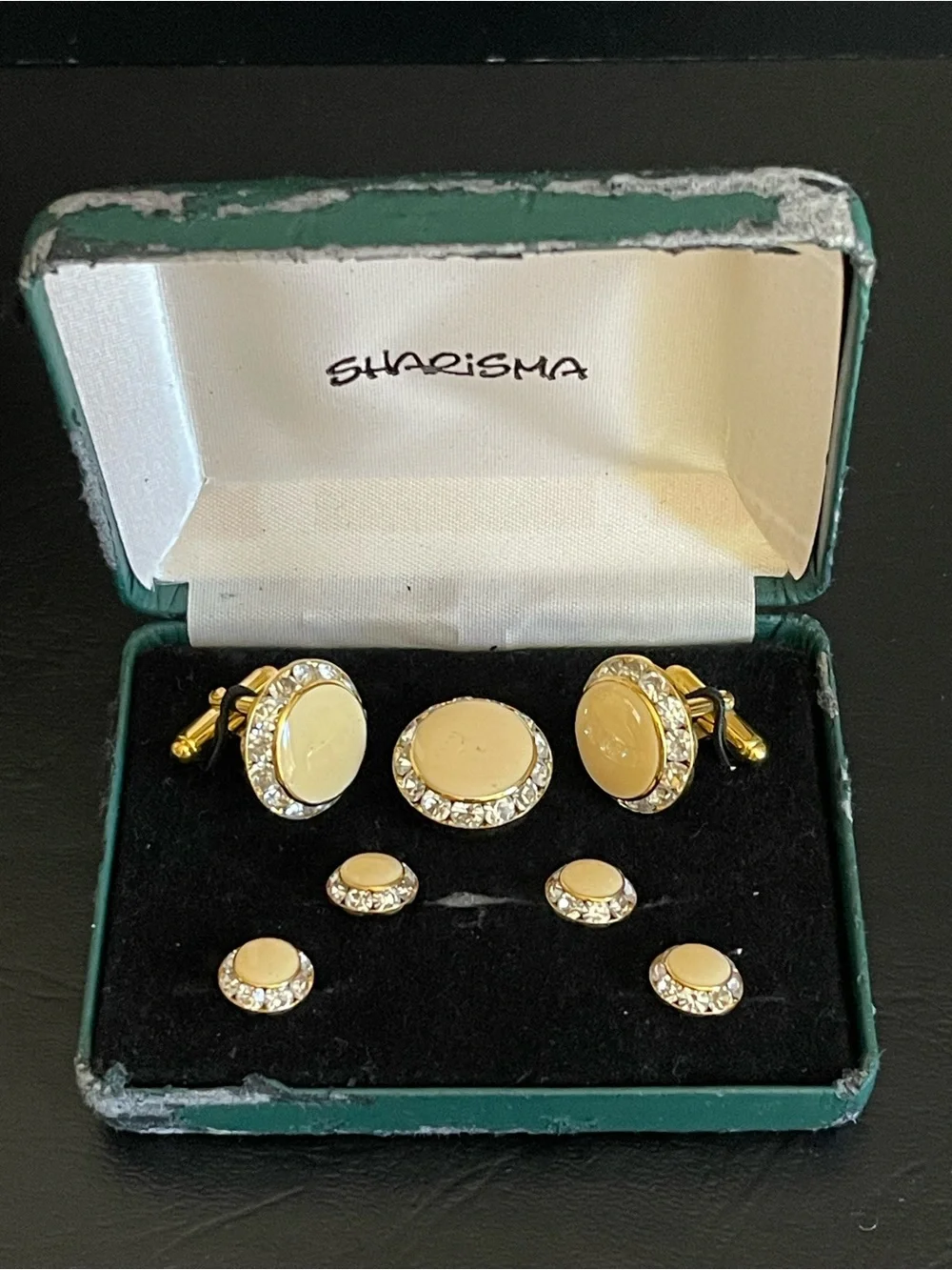 Vintage Gold-Tone color enamel & Rhinestone Men’s Cufflink and Stud Set